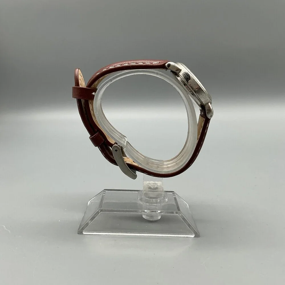 Vintage Guess Womens Watch 25mm Silver Tone White Dial Brown Leather New Battery